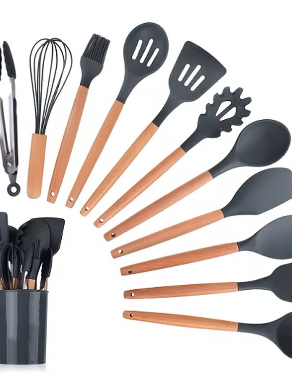 12-Piece Black and Wood Kitchen Utensil Set - Heat-Resistant Silicone Tools